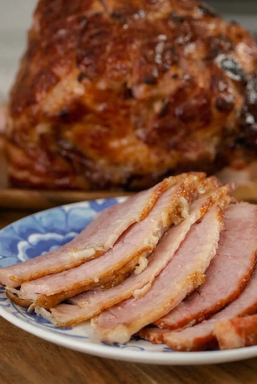 Close view of moist pink ham slices with glossy caramelized edges and scored glazed ham behind them