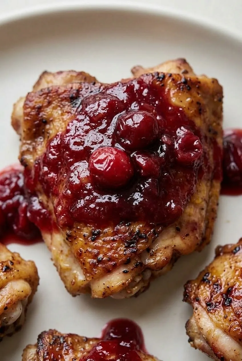Close view of browned chicken skin beneath glossy cranberry glaze and partly burst berries
