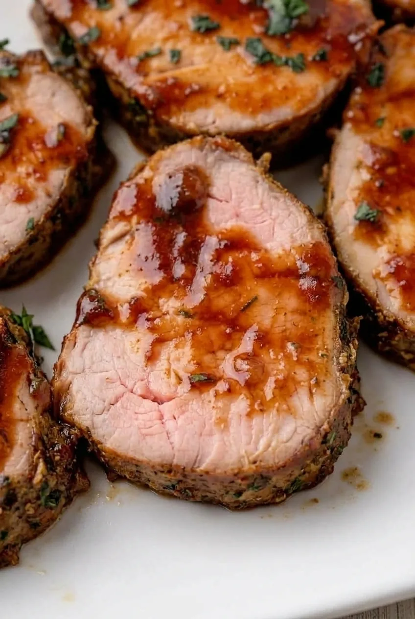 Close view of a thick pork loin slice showing its lightly blushed center, browned edge, and maple-Dijon glaze