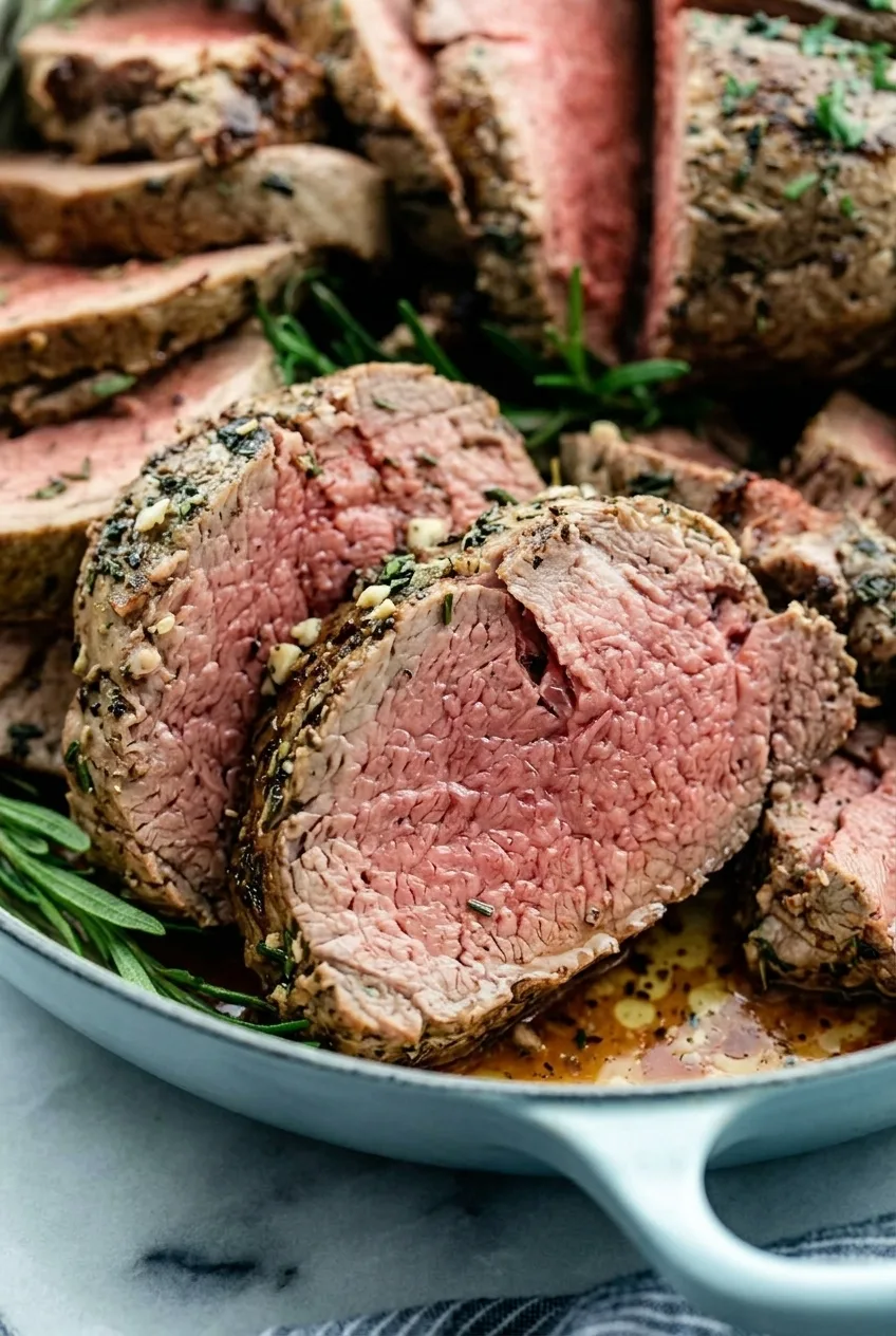 Close view of thick beef tenderloin slices showing moist pink centers and browned garlic-herb crust.