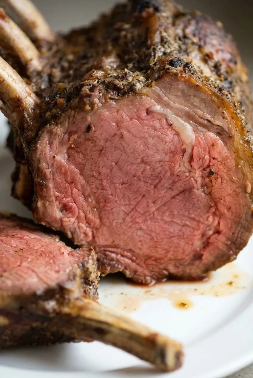 Close view of the rosy prime rib cut face, rendered fat, and dark herb-flecked crust