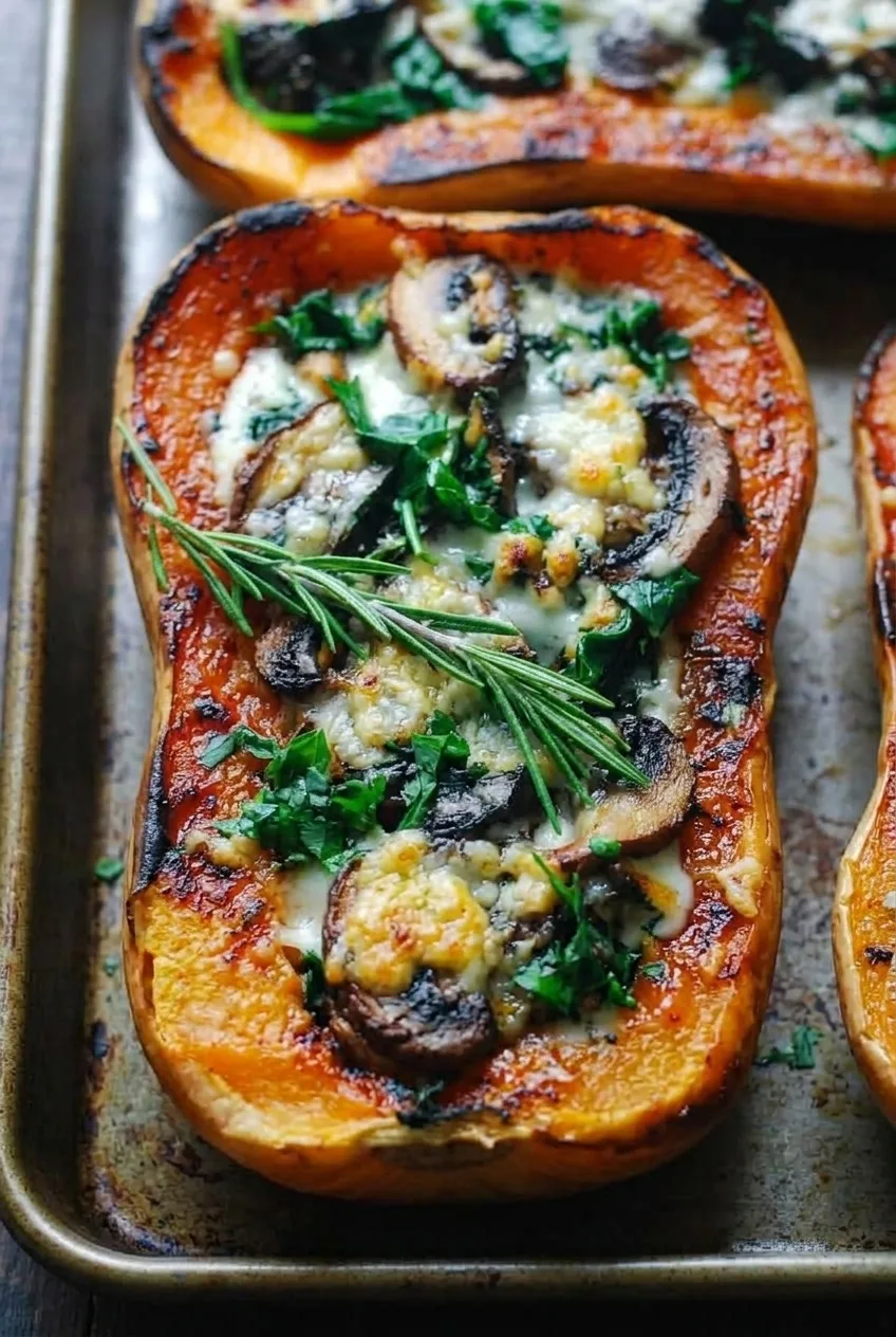 Close view of mushroom slices, spinach, and melted cheese inside a roasted butternut squash half