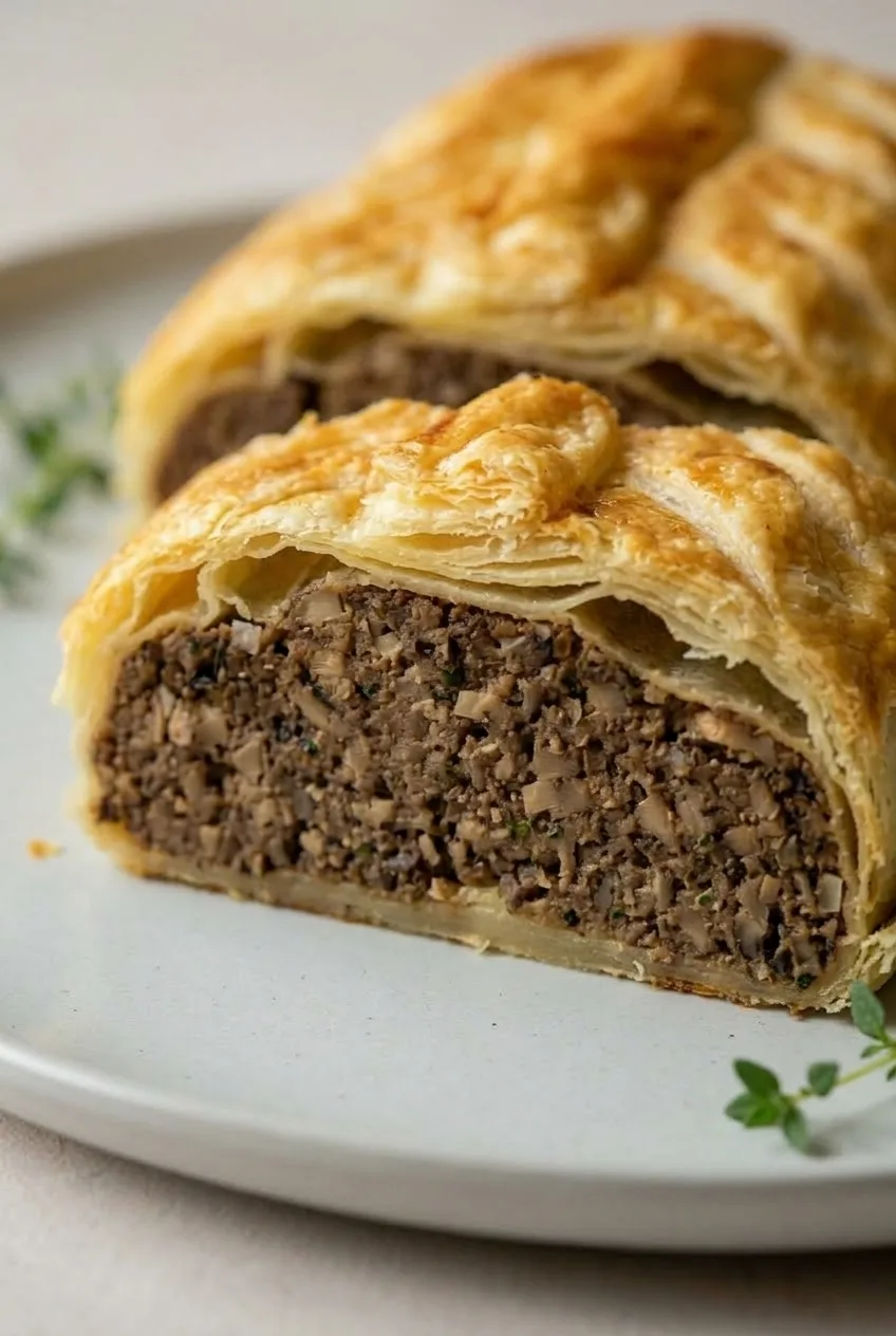 Close view of a Mushroom Wellington slice showing compact mushroom filling and flaky pastry layers