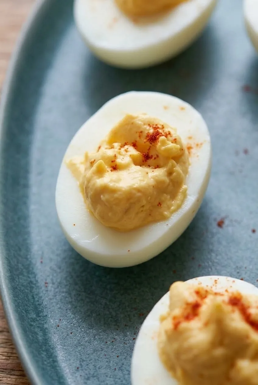 Close view of a deviled egg's creamy spooned filling, paprika specks, and intact white cup