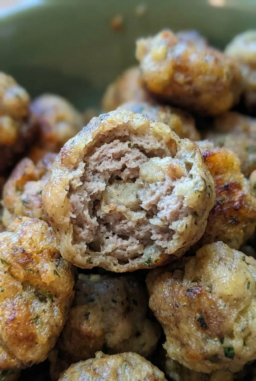 Broken-open sausage stuffing ball showing its tender bread-and-sausage interior