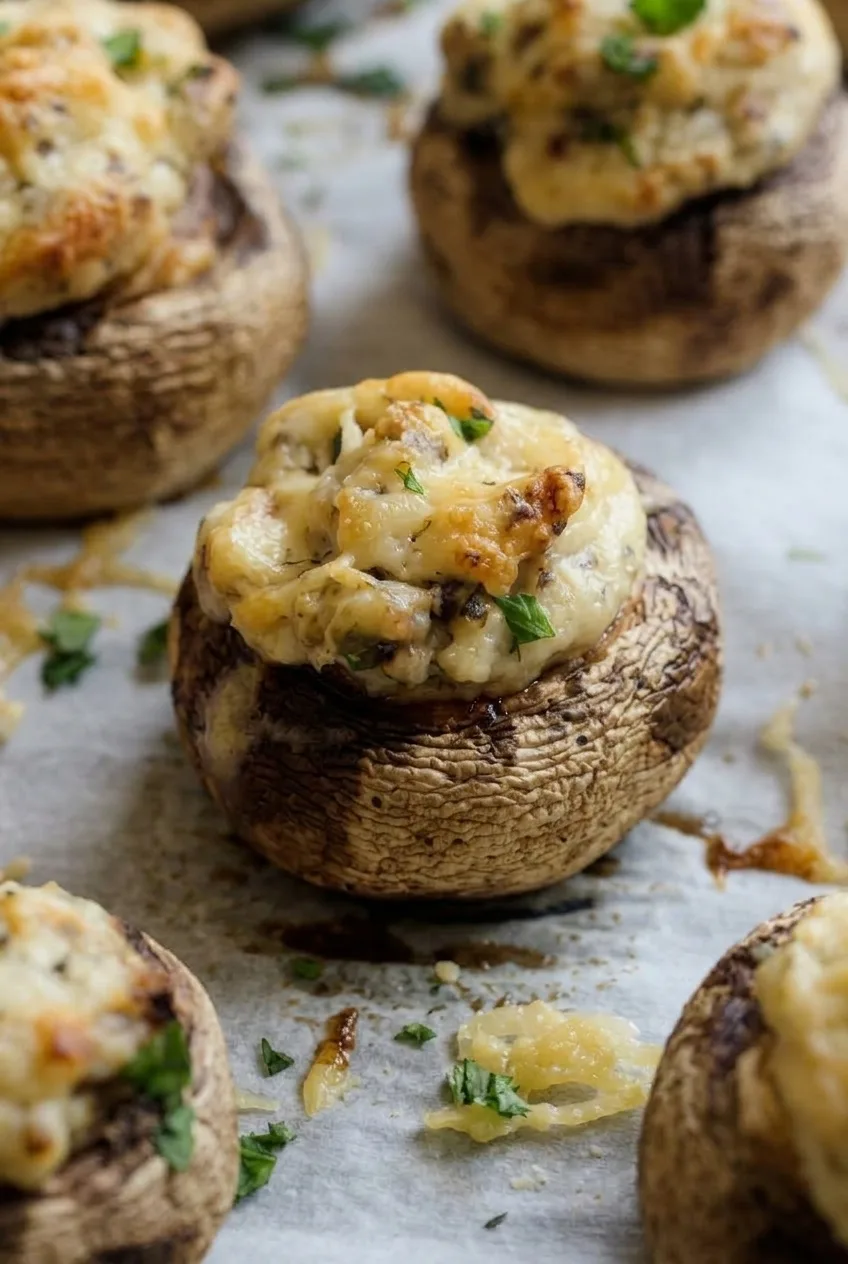 Close view of a tender brown mushroom cap and its textured cream cheese-Parmesan filling