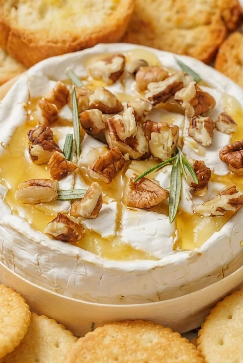 Close view of honey and chopped pecans over baked Brie, with soft cheese showing through the scored rind