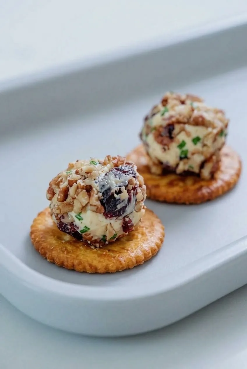 Close view of cheese balls on crackers showing chopped pecans, cranberries, chives, and creamy cheese