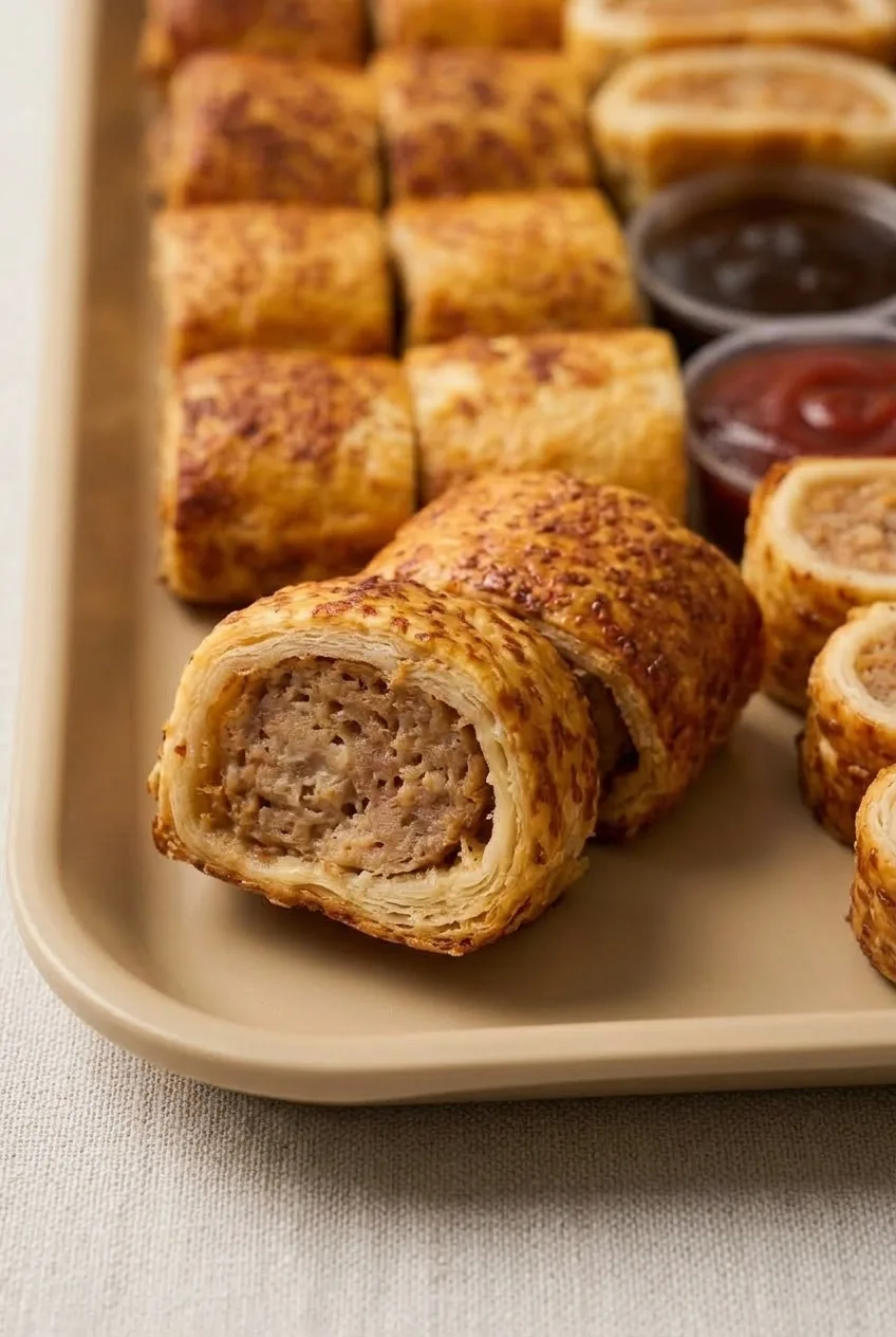 Close view of a mini sausage roll cut end showing cooked pork filling inside flaky golden pastry