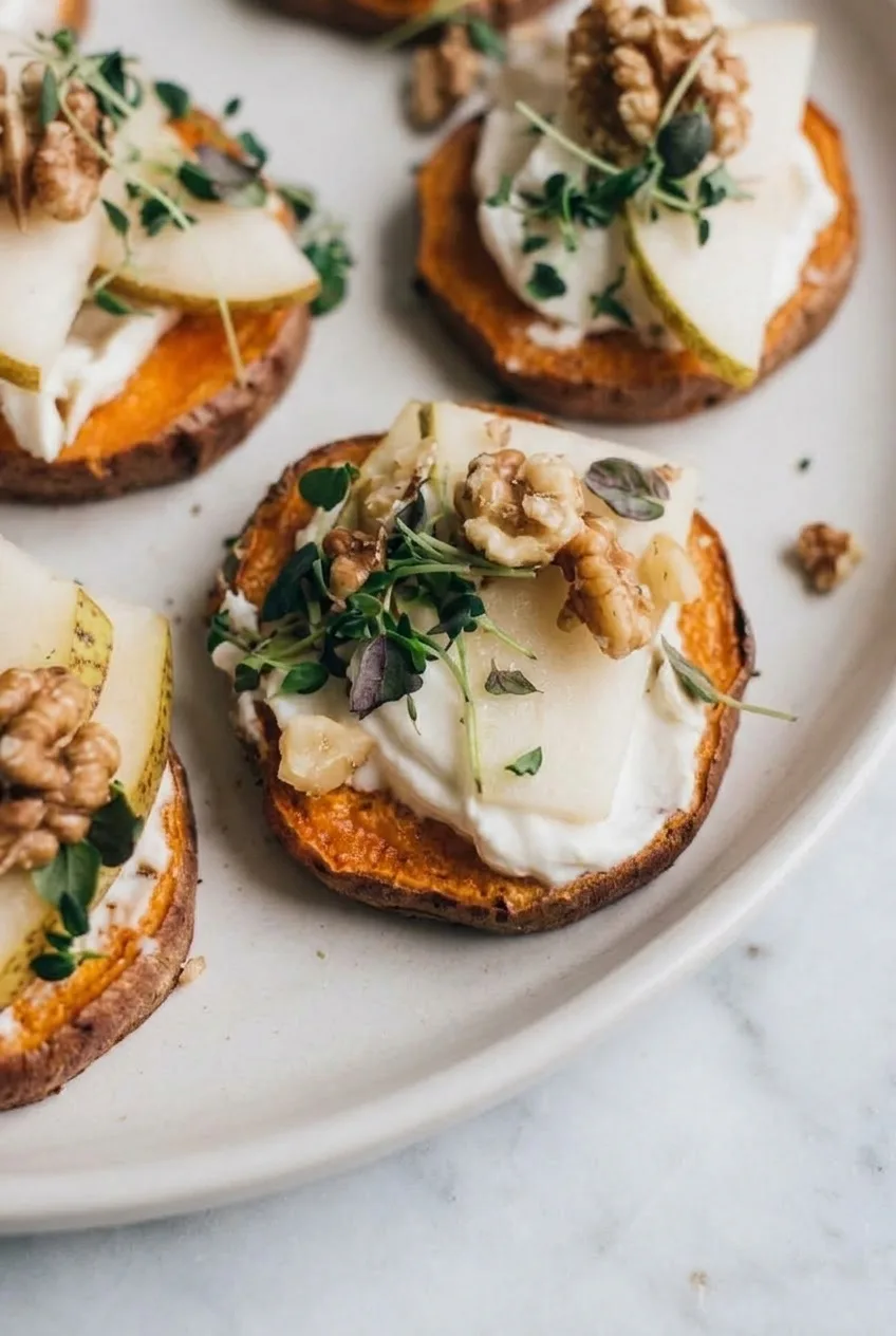 Close view of pear, walnuts, and greens over goat cheese on a browned sweet potato round