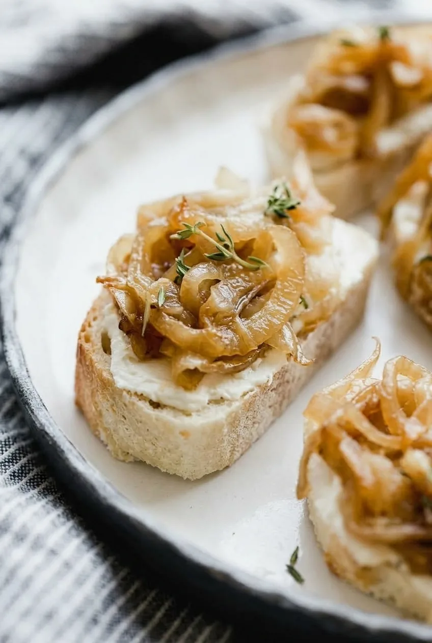Close view of crisp baguette, white goat cheese, and golden onion ribbons on a crostini