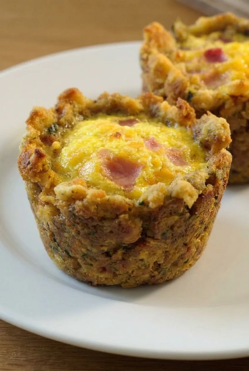 Close view of a Mini Stuffing Muffin’s browned bread-stuffing wall and set egg-and-ham center