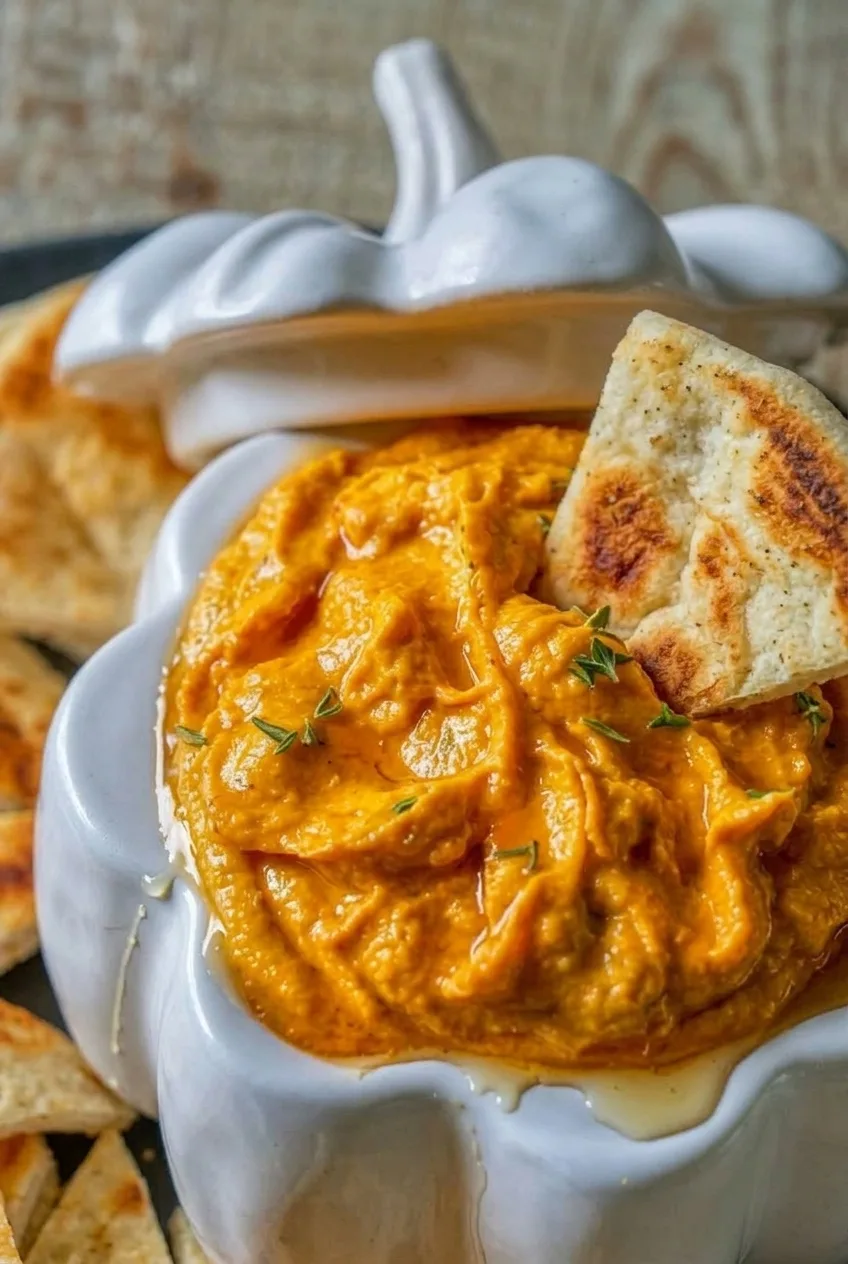 Close view of thick pumpkin whipped feta swirls with thyme and a toasted pita wedge dipped into the bowl
