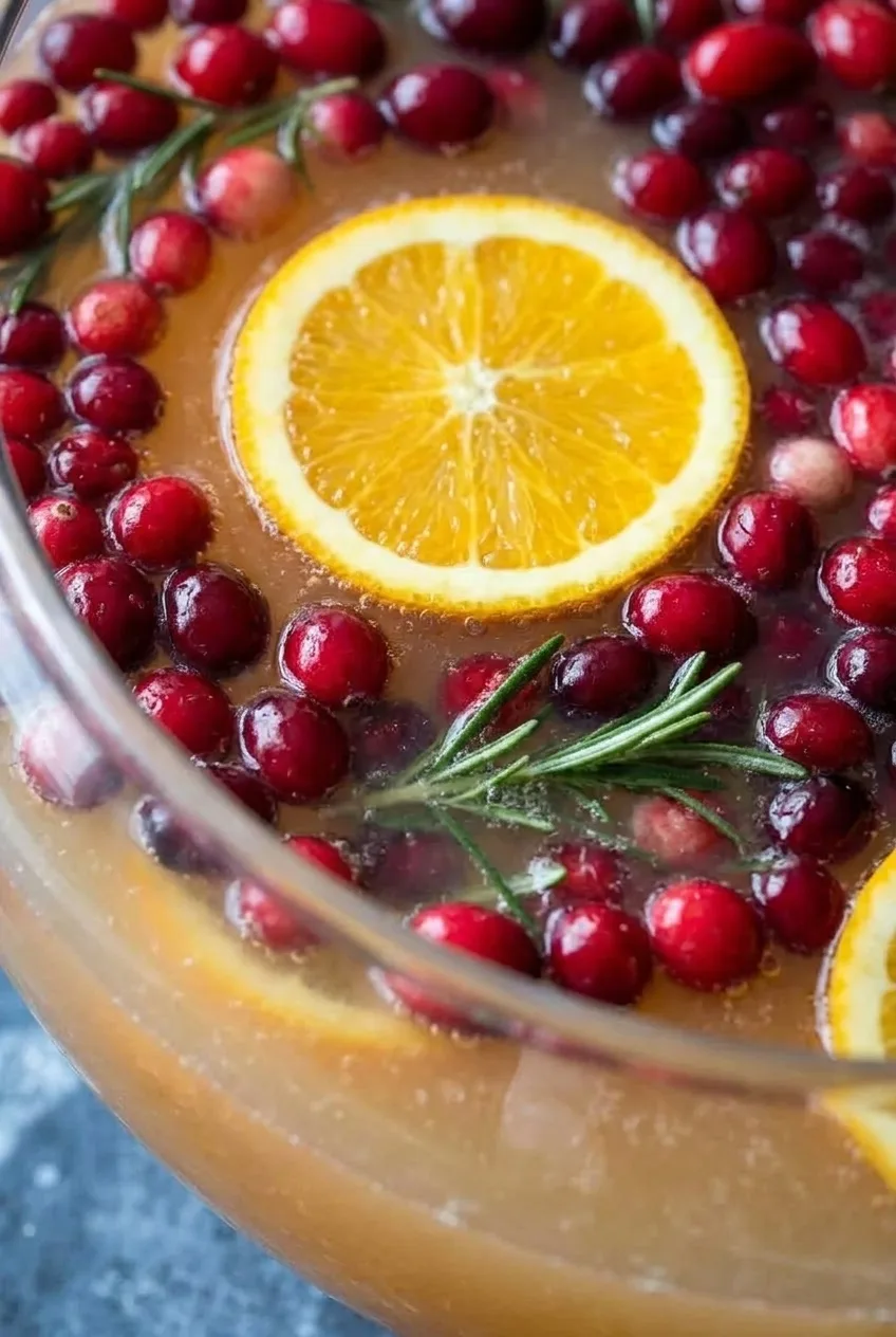 Close view of orange rounds, whole cranberries, rosemary, and tiny bubbles floating in cranberry orange punch