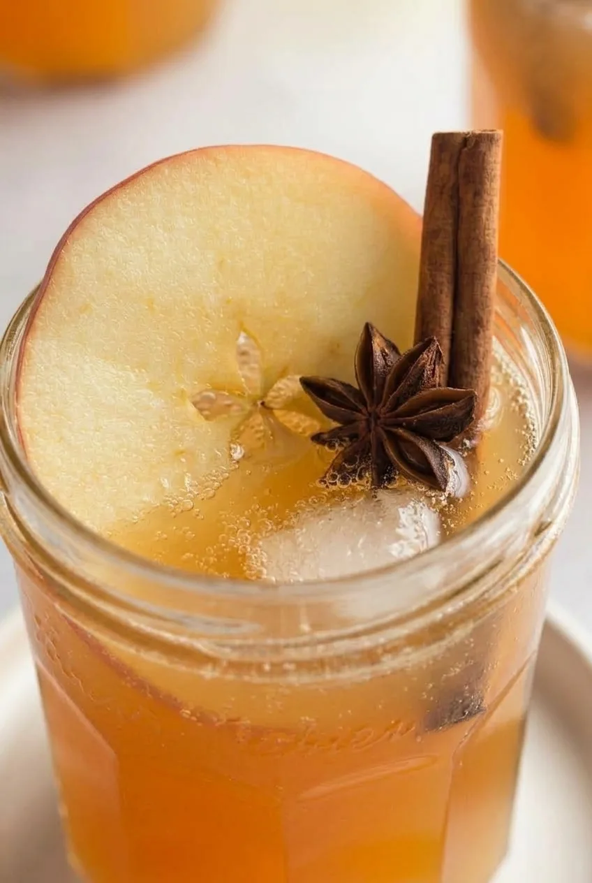 Close view of small bubbles and apple-and-spice garnishes on sparkling apple cider punch