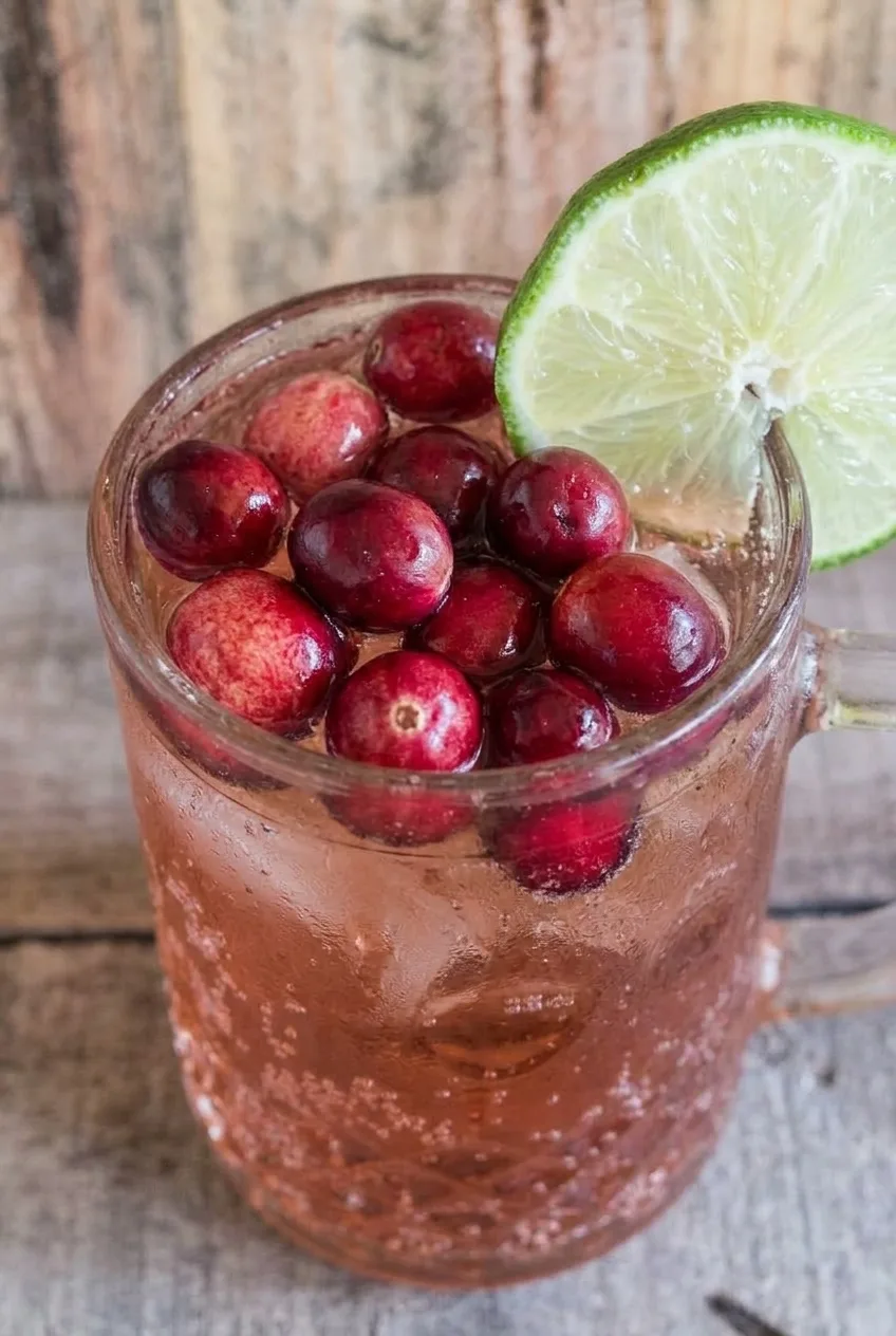 Close view of bubbles, ice, and floating cranberries in a Cranberry Moscow Mule