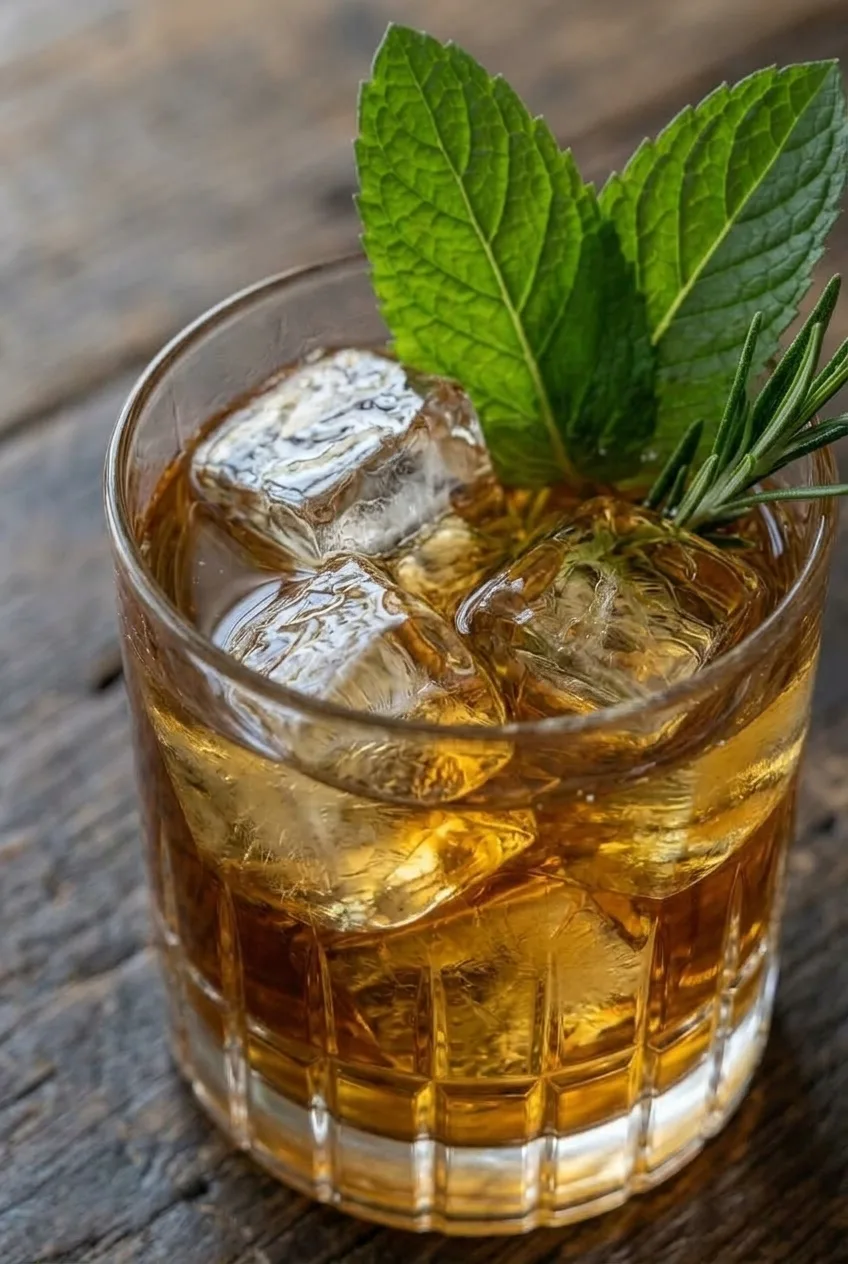 Close view of amber Maple Bourbon Smash around large ice cubes, with mint and rosemary at the rim