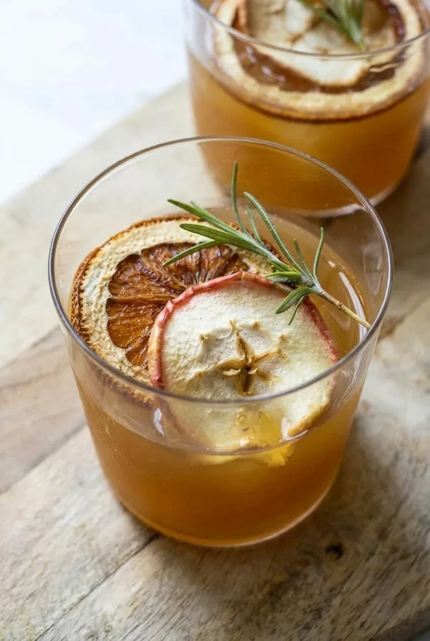 Close view of dried apple and orange rounds with rosemary atop an amber apple cider bourbon cocktail