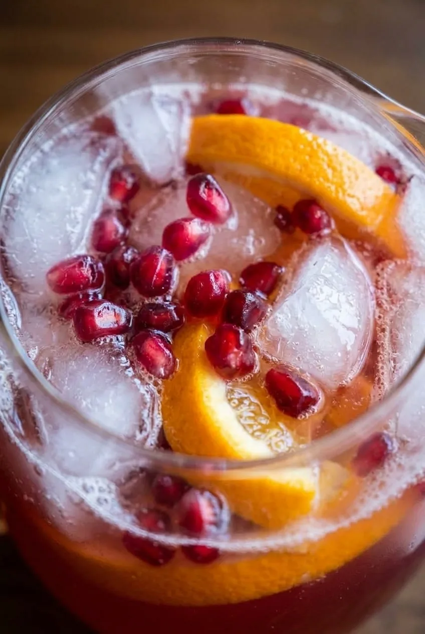 Close view of orange slices, ice, and pomegranate arils in ruby-pink punch