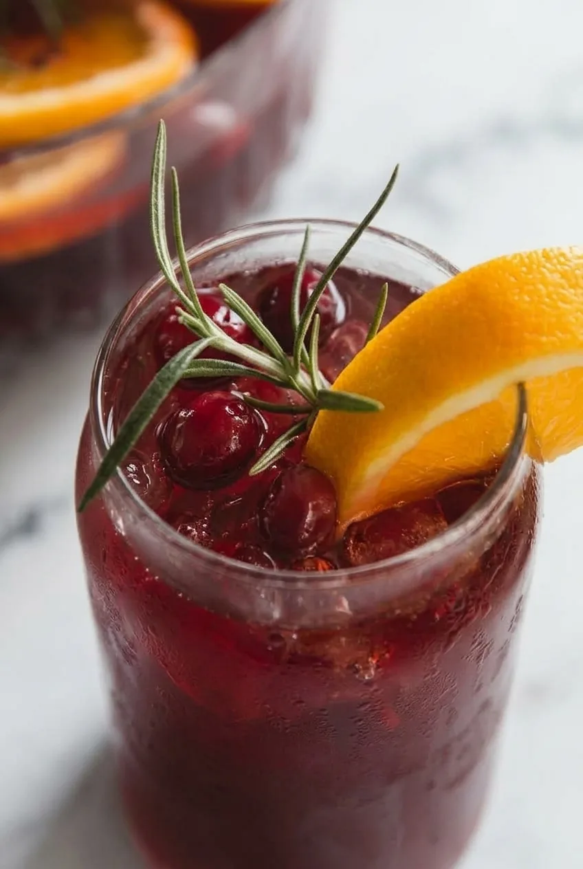Close view of ice and whole cranberries in ruby punch beneath an orange wedge and rosemary sprig