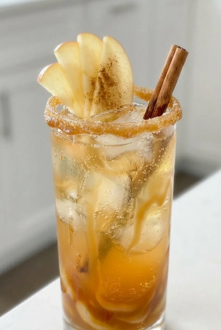 Close view of bubbles, ice, caramel streaks, and the sugared rim of a caramel apple mocktail
