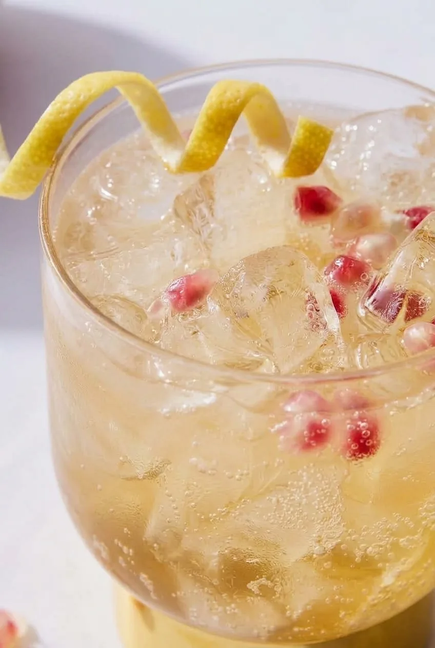 Close view of bubbles, ice, and red pomegranate arils in a golden apple cider mocktail