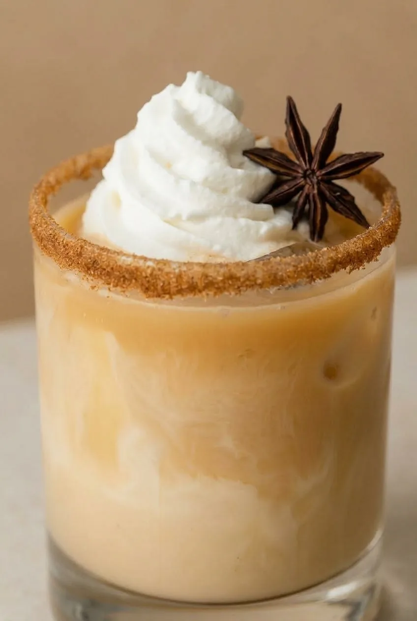 Close view of cream swirls, cinnamon-sugar rim, whipped cream and star anise on the cocktail