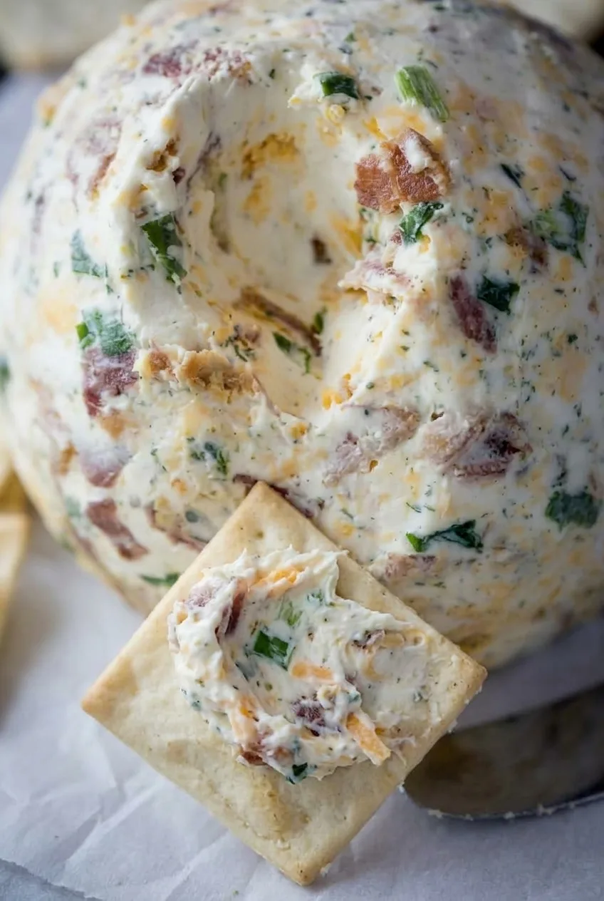 Close view of creamy bacon ranch cheese ball and a scoop spread on a cracker