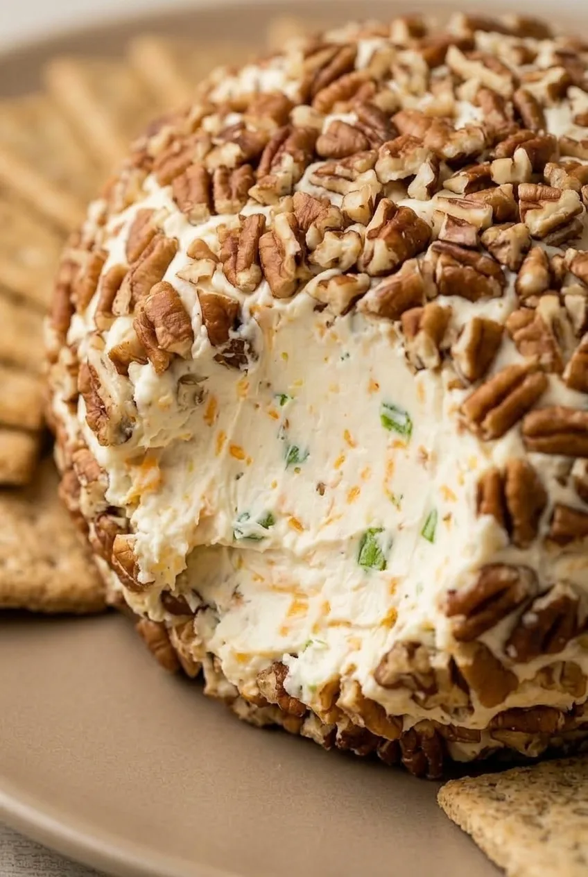 Close view of the creamy cheddar filling exposed beneath the cheese ball’s chunky pecan coating