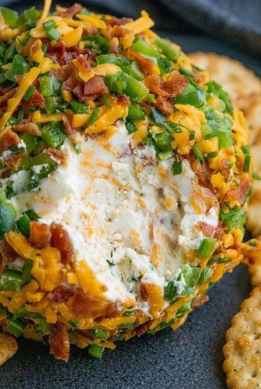 Close view of the flecked creamy center and chunky coating of a jalapeño popper cheese ball