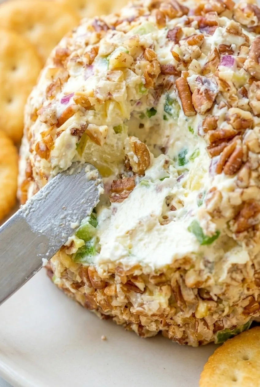 Close view of the creamy, flecked center and chunky pecan coating of a pineapple cheese ball