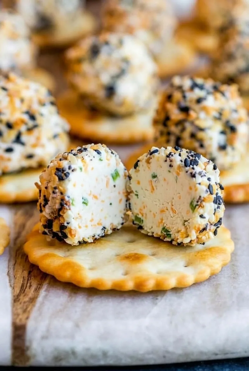 Close view of a coated cheese ball bite opened to show its creamy cheddar-flecked center on a cracker.