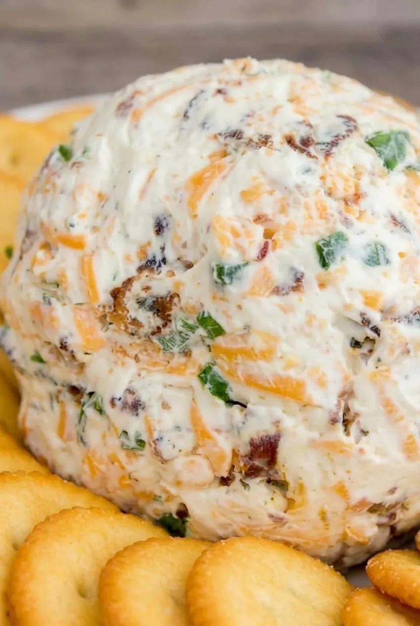 Close view of cheddar shreds, bacon, and green onions embedded in the creamy cheese ball