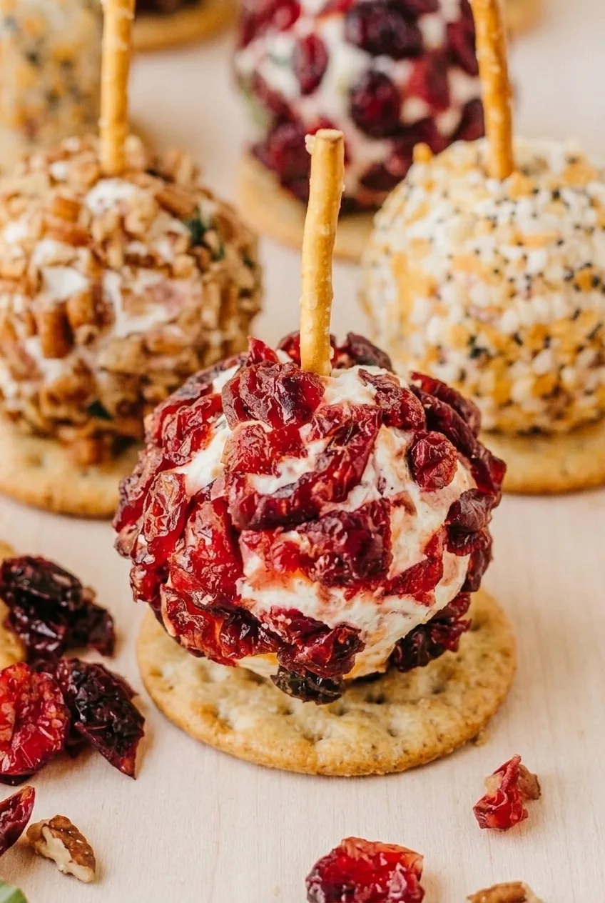 Close view of cranberry-coated cheese showing creamy cheese between the pieces, beside pecan and seeded bites