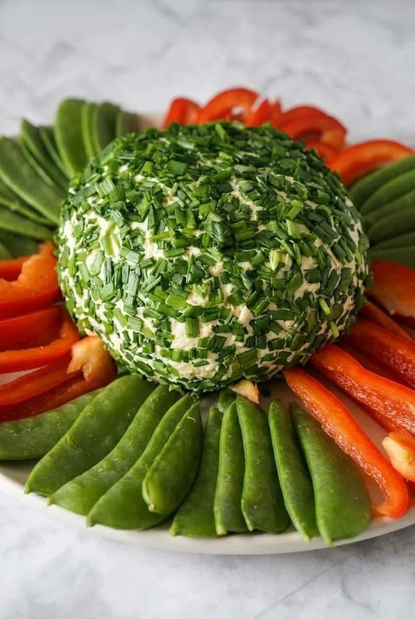 Close view of chopped green onion coating with pale cheese beneath it and crisp vegetables alongside