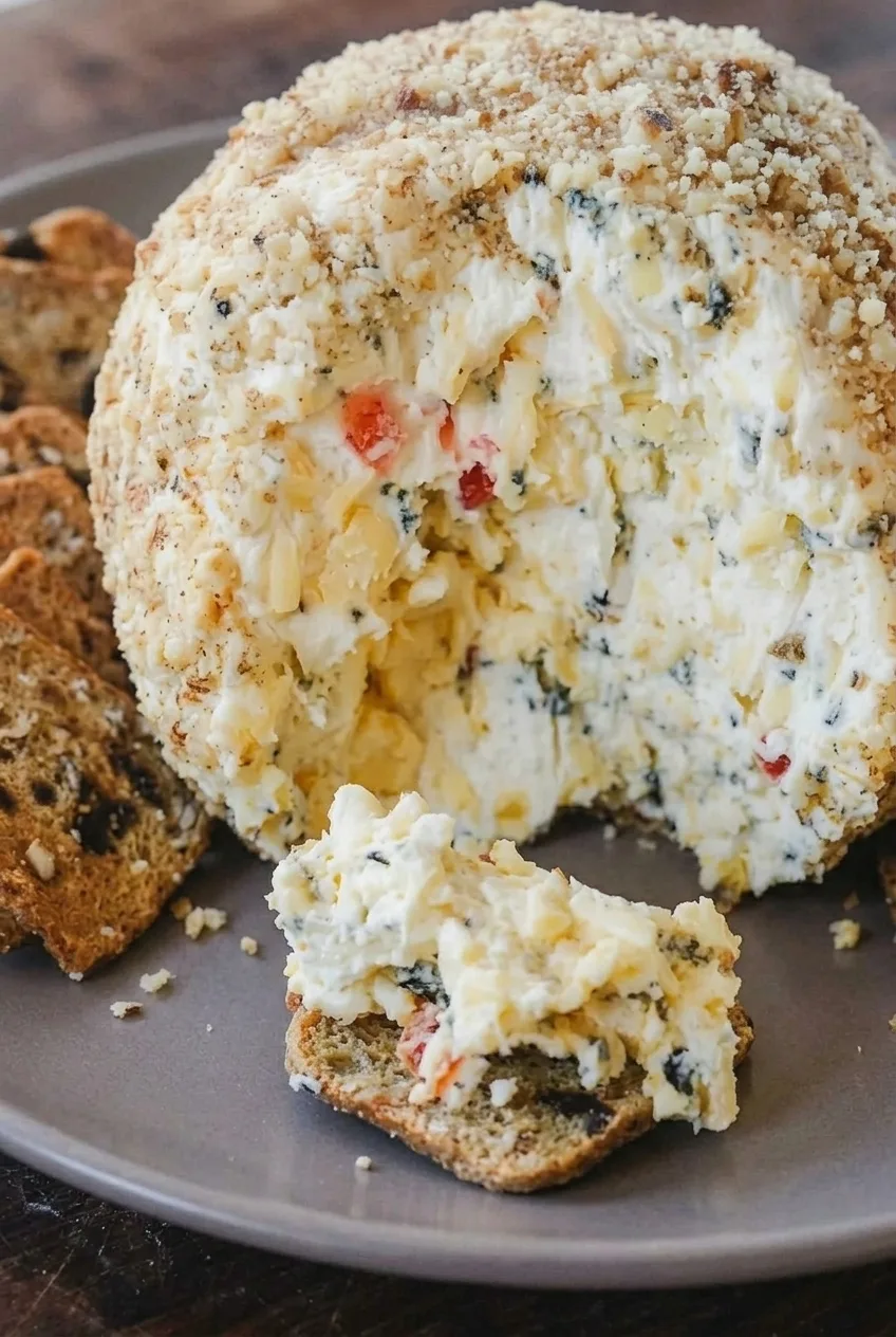 Close view of the walnut coating and flecked cheese ball interior, with a scoop on a cracker