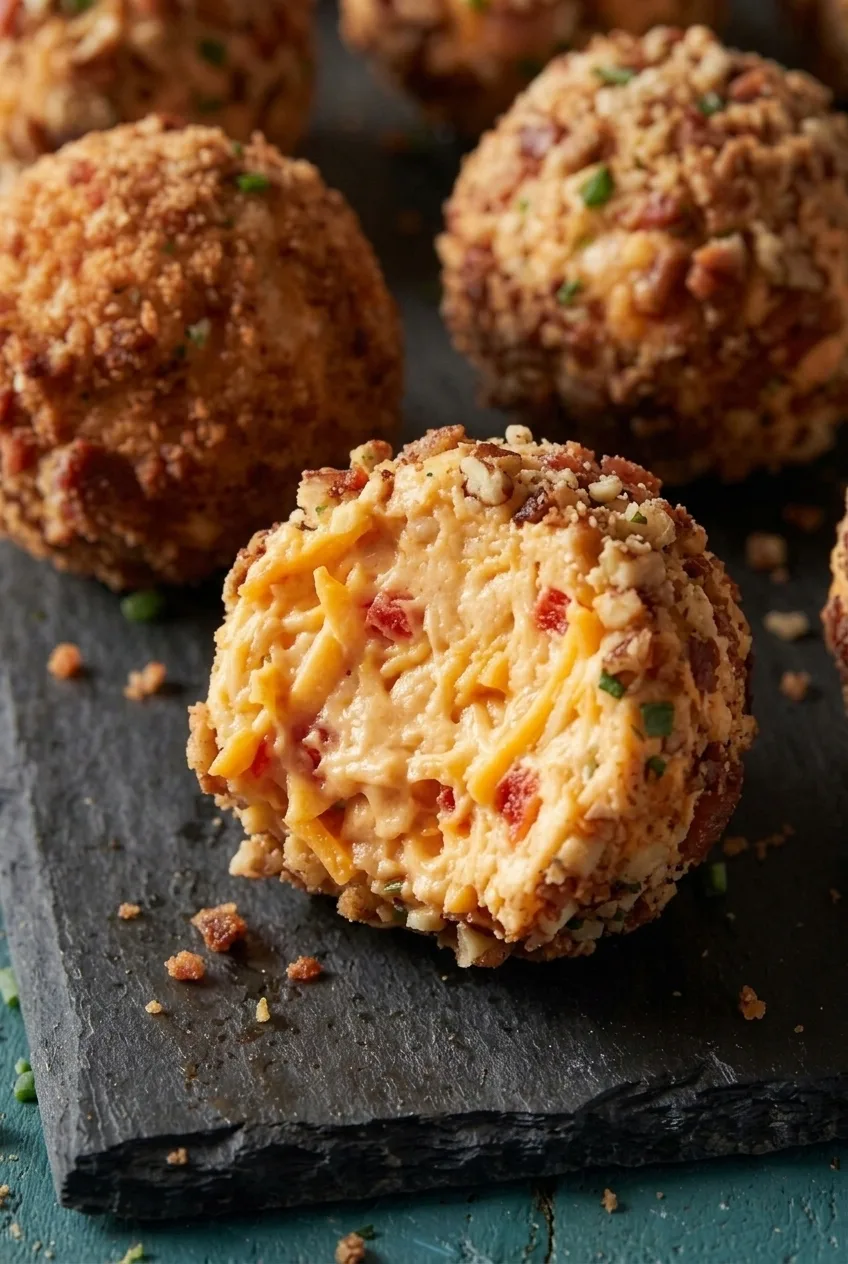 Close view of an opened pimento cheese ball with cheddar, red pimentos, and a pecan-bacon coating