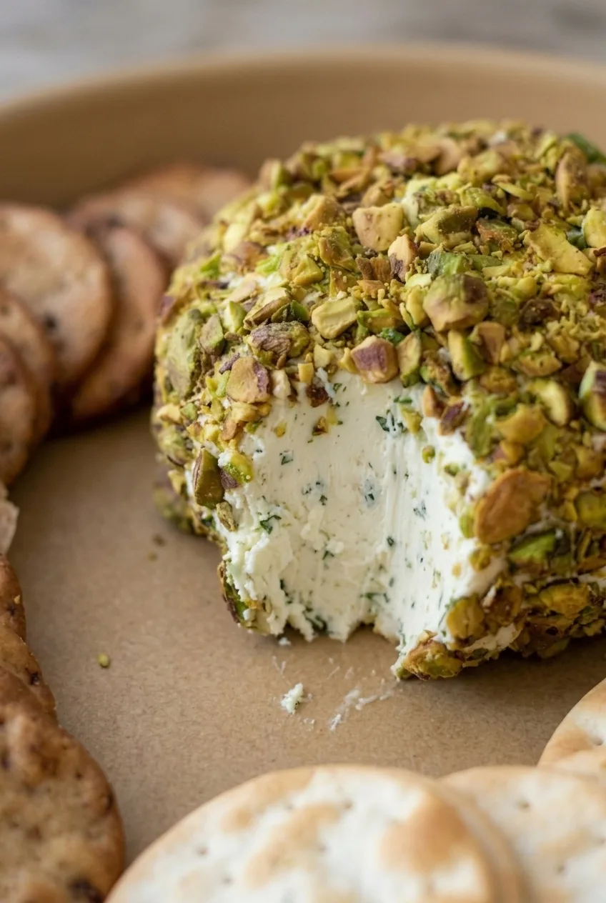 Close view of chopped pistachios and the pale, herb-flecked center of a goat cheese ball