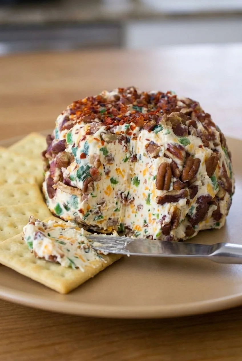 Close view of a bacon jalapeño cheese ball with its creamy, flecked center exposed
