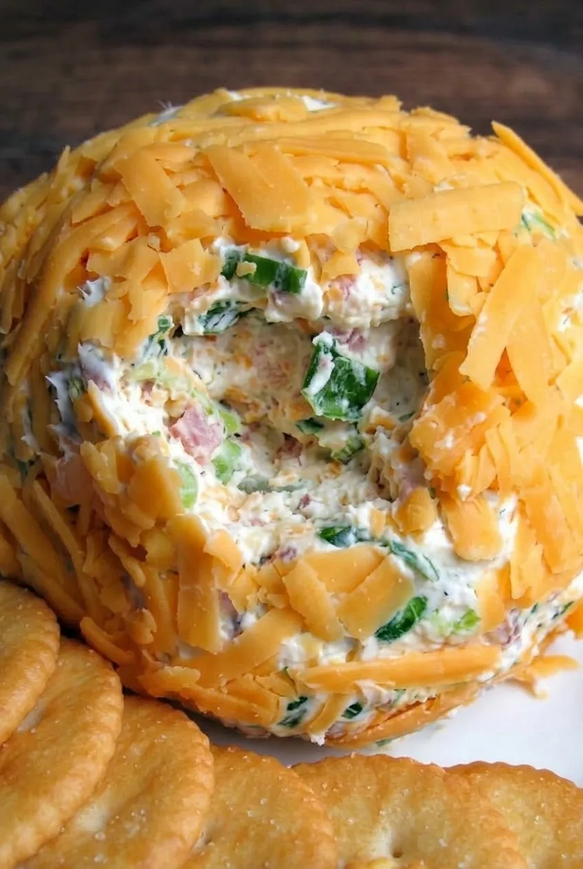 Close view of the cheese ball's creamy ham and green onion center beneath orange cheddar shreds