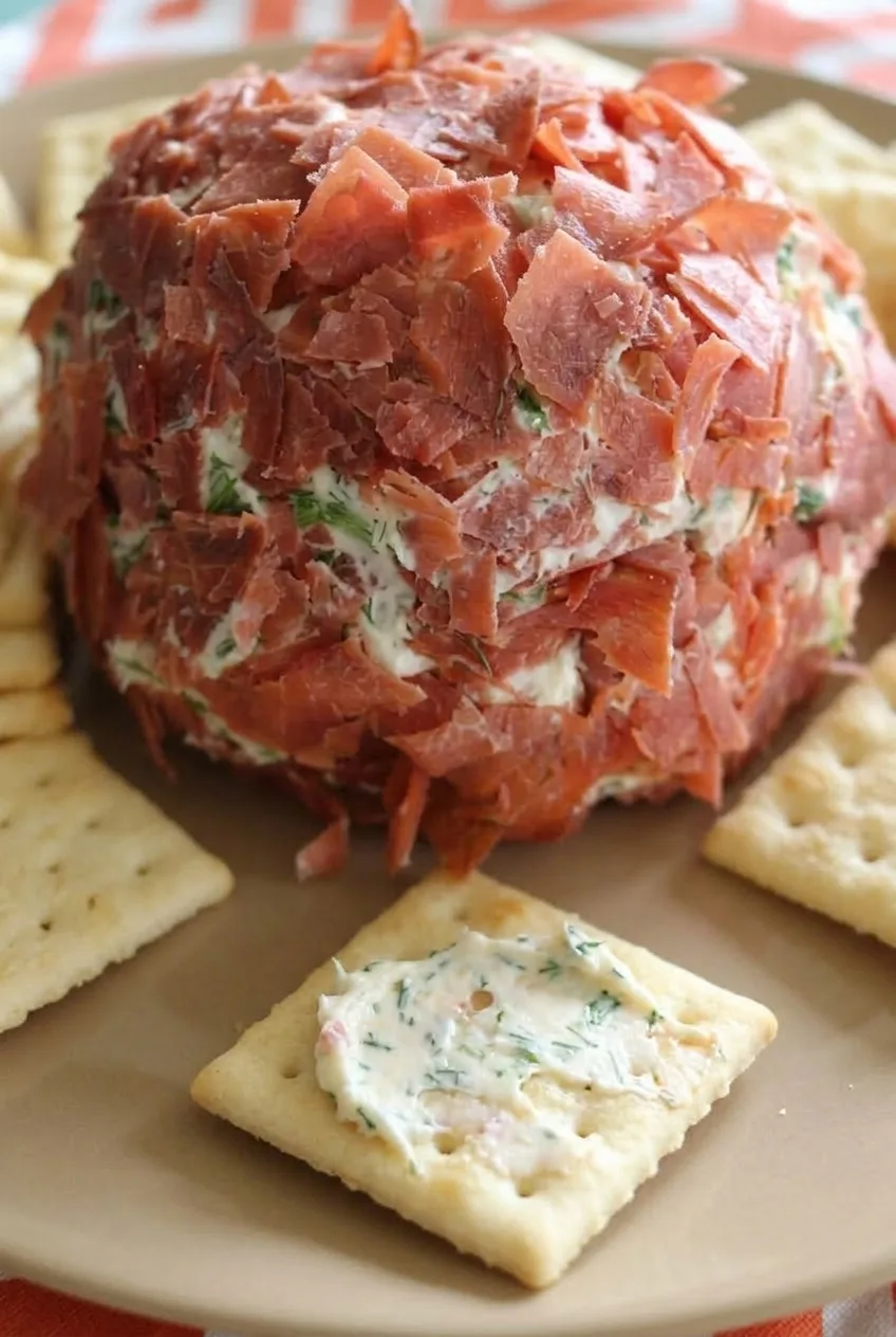 Close view of salmon flakes on the cheese ball and herbed filling spread on a cracker