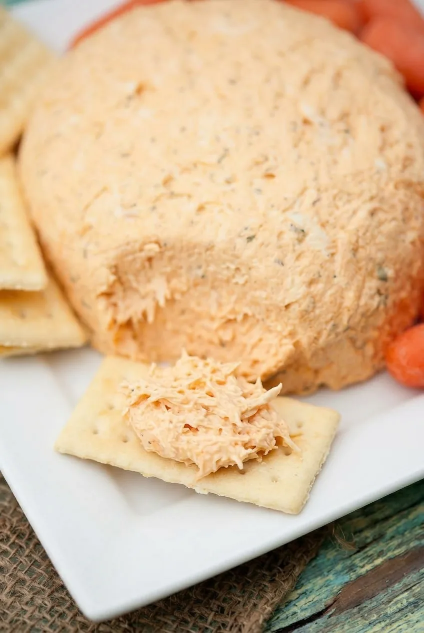Creamy chicken-flecked Buffalo cheese ball with a small portion spread on a cracker