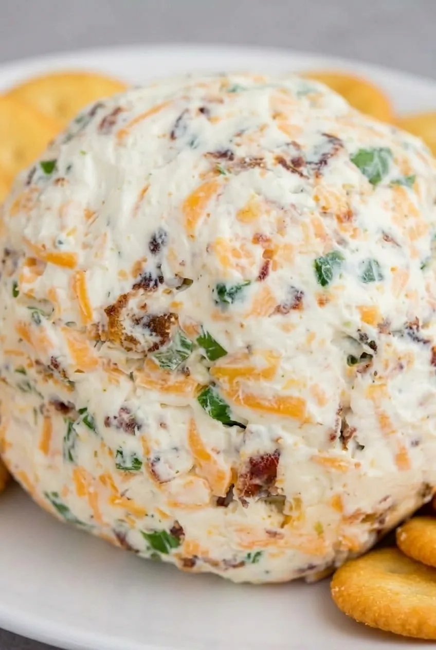 Close view of cheddar strands, bacon pieces, and green onion in the creamy ranch cheese ball