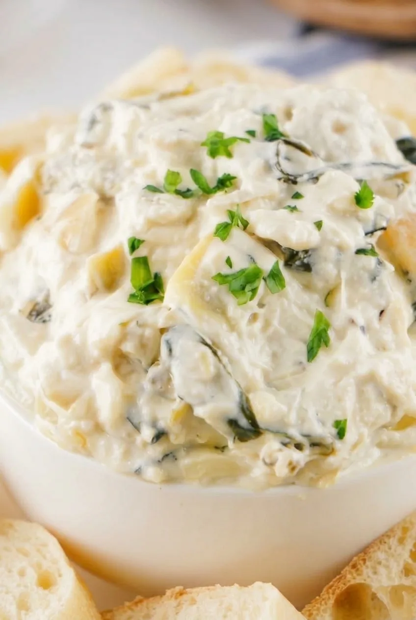 Close view of creamy spinach artichoke cheese with visible artichoke chunks and spinach