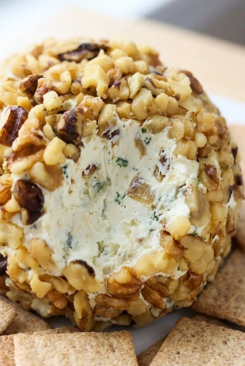 Close view of chunky walnuts and the pale, onion-flecked interior of a caramelized onion cheese ball