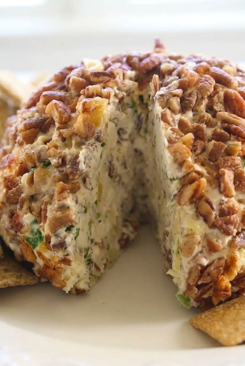 Close view of the pecan coating and creamy, colorful interior of a Hawaiian cheese ball