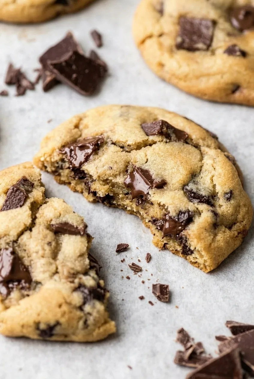 Broken chocolate chip cookie showing its soft center, golden edge, and melted chocolate