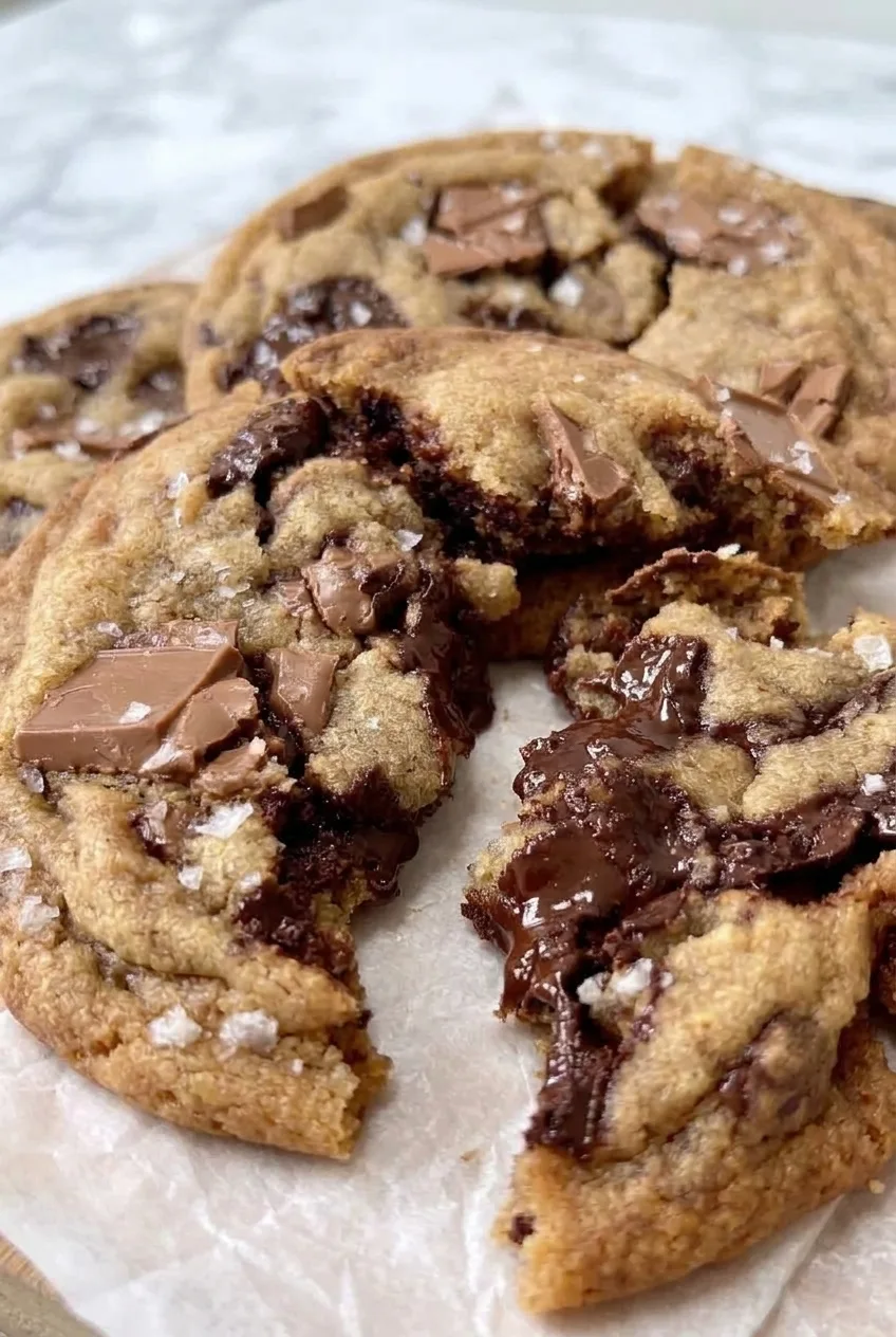Broken brown butter cookie showing a tender center and melted chocolate