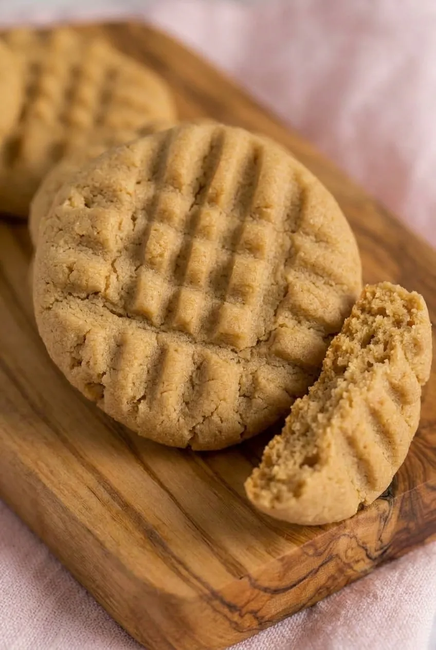 Close view of a fork-marked peanut butter cookie beside a broken piece showing its tender crumb