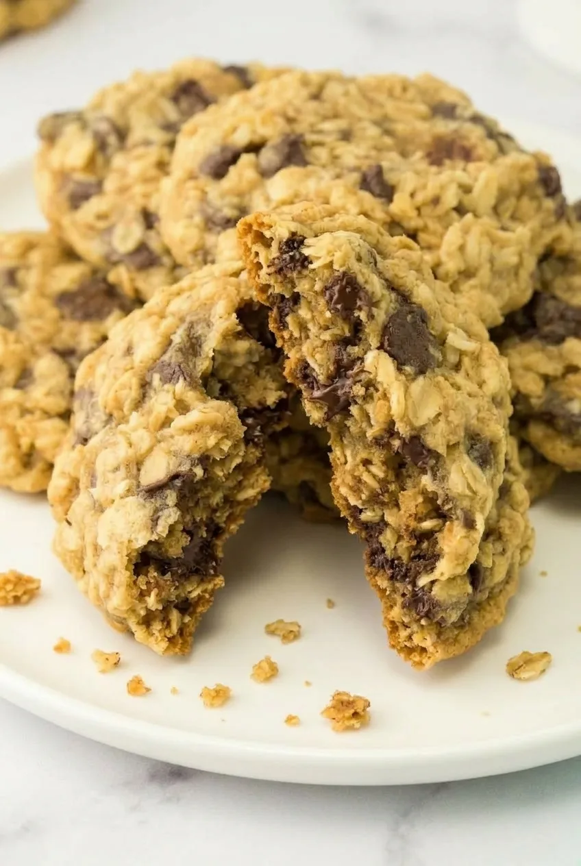 Broken oatmeal chocolate chip cookie showing a soft, oat-studded center and chocolate chips